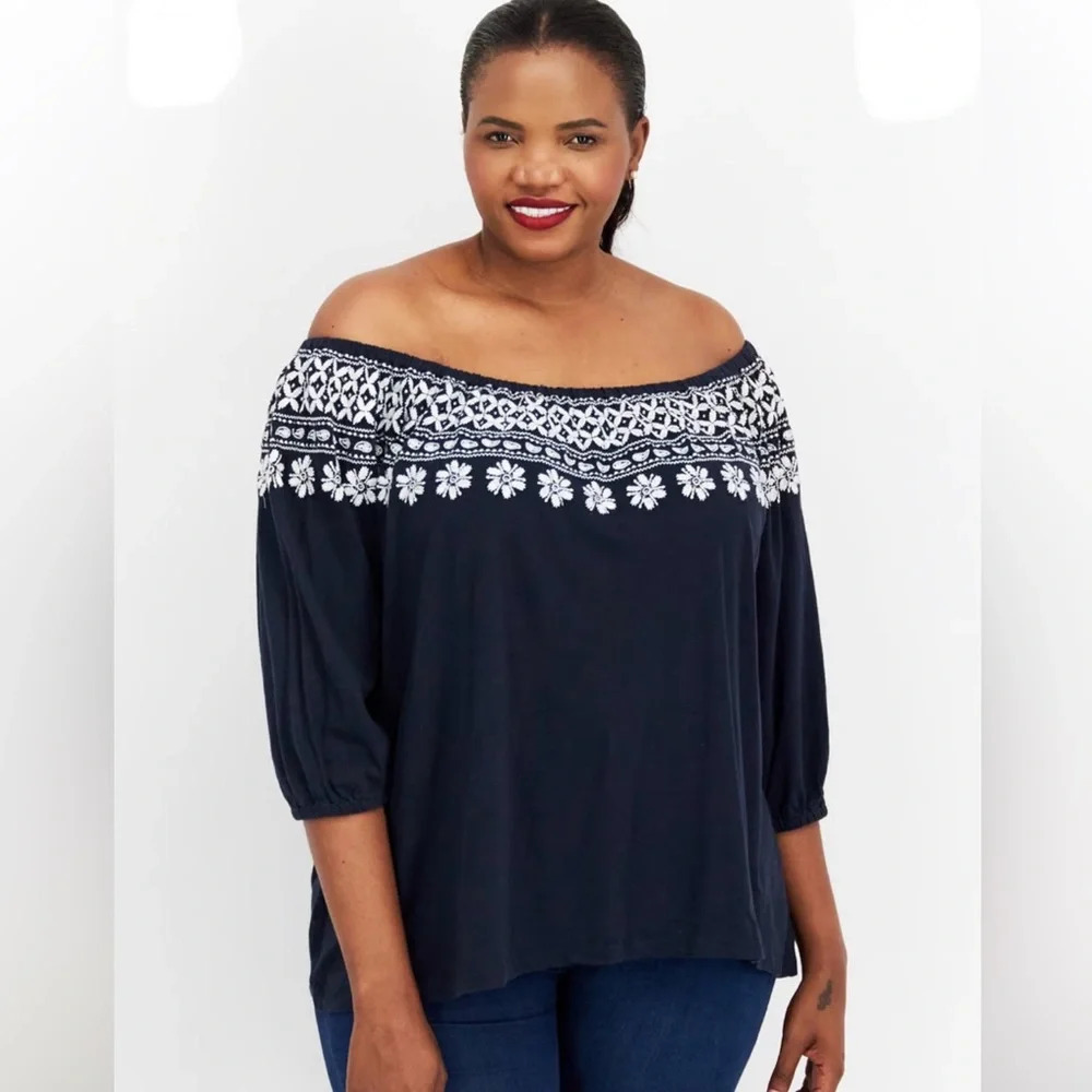 Tommy Hilfiger Marrakech Floral Embroidered Off The Shoulder Top Boho Navy 1X